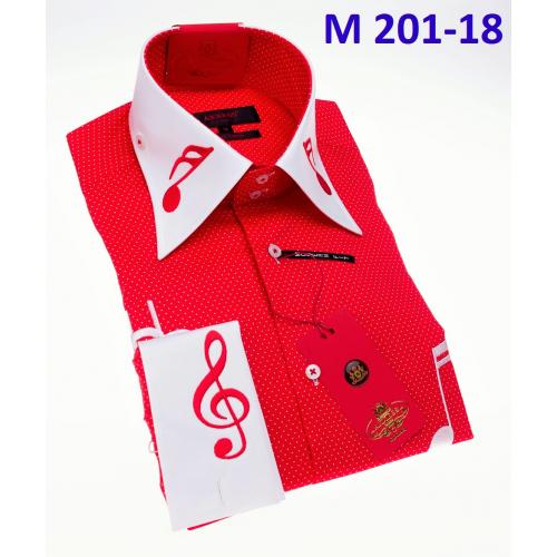 Axxess Red / White Polka Dot Music Note Embroidery Cotton Modern Fit Dress Shirt With French Cuff M201-18.