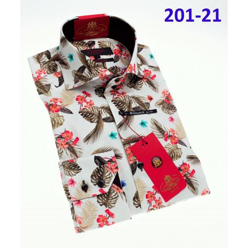 Axxess White / Brown / Red Cotton Modern Fit Dress Shirt With Button Cuff 201-21.