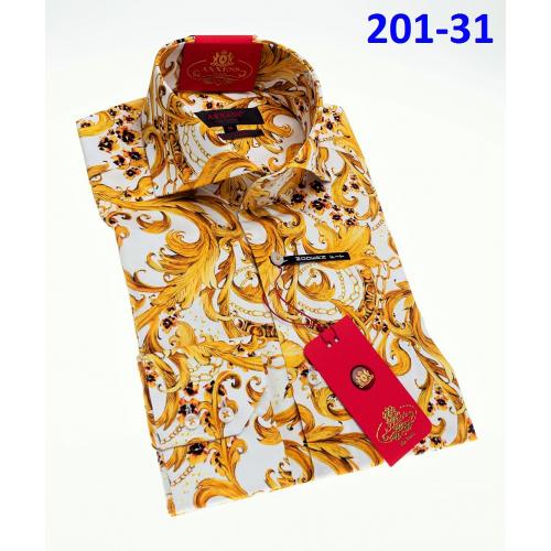Axxess White / Gold Cotton Modern Fit Dress Shirt With Button Cuff 201-31.