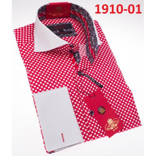 Axxess Red / White Polka Dot Cotton Modern Fit Dress Shirt With Button Cuff 1910-01.