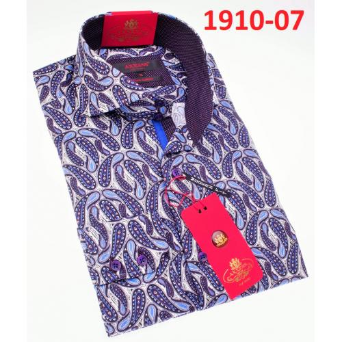Axxess White / Purple / Blue Paisley Design Cotton Modern Fit Dress Shirt With Button Cuff 1910-07.