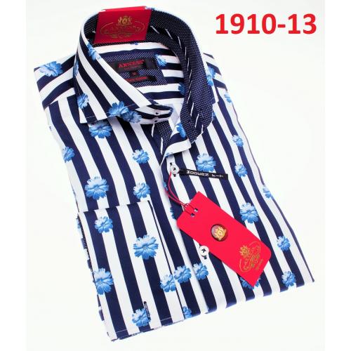 Axxess White / Navy / Sky Blue Floral Stripes Cotton Modern Fit Dress Shirt With Button Cuff 1910-13.