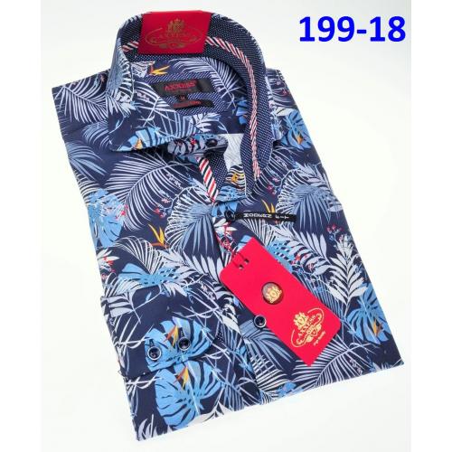 Axxess Classic Navy Blue / White Feather Design Modern Fit Cotton Dress Shirt With Button Cuff 199-18.