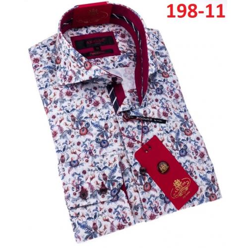 Axxess White / Red / Blue Cotton Flowery Design Modern Fit Dress Shirt With Button Cuff 198-11..
