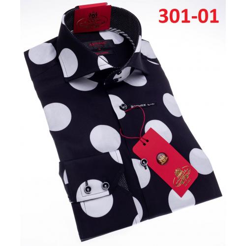 Axxess Black / White Polka Dot Modern Fit Cotton Dress Shirt With Button Cuff 301-01.