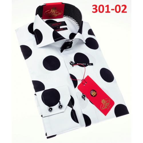 Axxess White / Black Polka Dot Modern Fit Cotton Dress Shirt With Button Cuff 301-02.