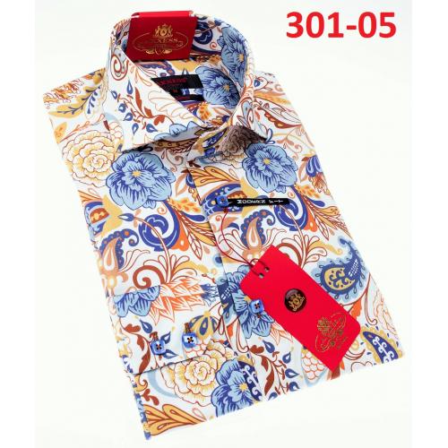 Axxess White / Blue / Brown Floral Design Modern Fit Cotton Dress Shirt 301-05.