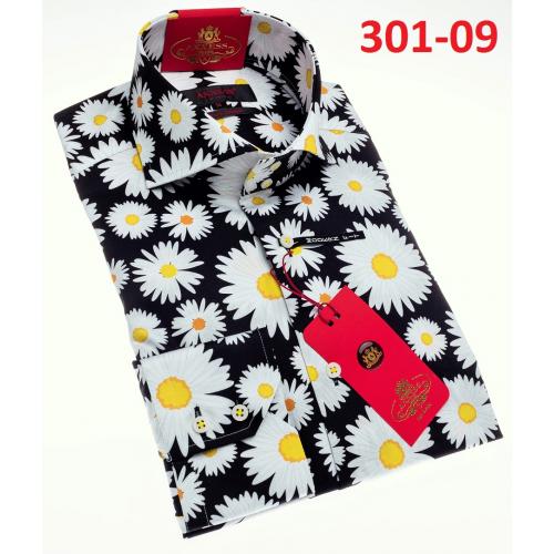 Axxess Black / White / Yellow Floral Design Modern Fit Cotton Dress Shirt 301-09.