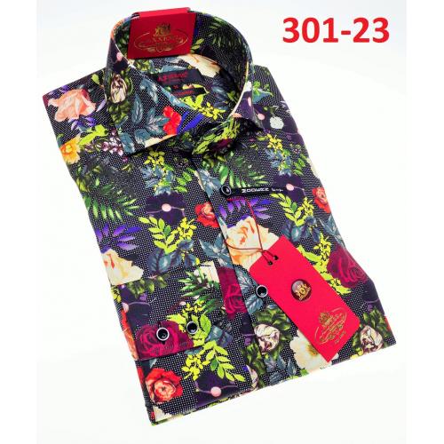 Axxess Black / Multi-Color Floral Design Modern Fit Cotton Dress Shirt 301-23.