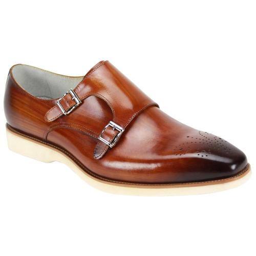 Giovanni "Jaxson" Cognac Burnished Calfskin Contrast Sole Double Monk Strap Shoes.