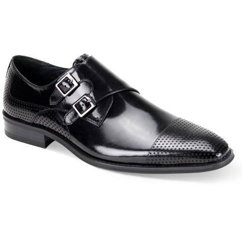 Giovanni "Gyles" Black Burnished Calfskin Perforated Cap Toe Double Monk Strap Shoes.