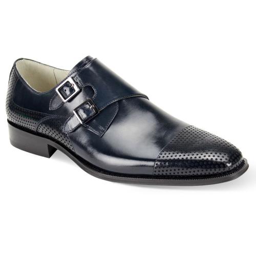 Giovanni "Gyles" Navy Burnished Calfskin Perforated Cap Toe Double Monk Strap Shoes.