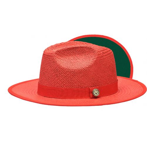 Bruno Capelo Red / Dark Green Bottom Flat Brim Straw Fedora Hat KI-507.