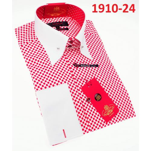 Axxess White / Red Polka Dot Collar Bar Cotton Modern Fit Dress Shirt With Button Cuff 1910-24.