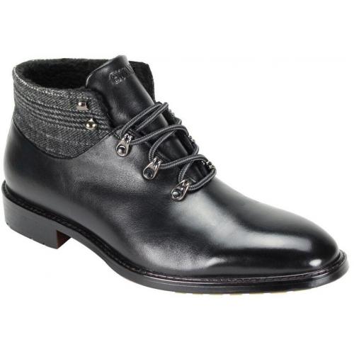 Giovanni "Kurtis" Black Burnished Calfskin / Tweed Lace-Up Ankle Boots.