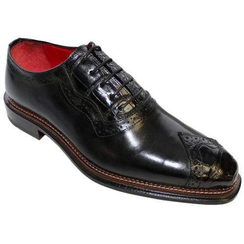 Fennix Italy "Ethan" Black Genuine Alligator / Calfskin Wingtip Lace-Up Shoes.