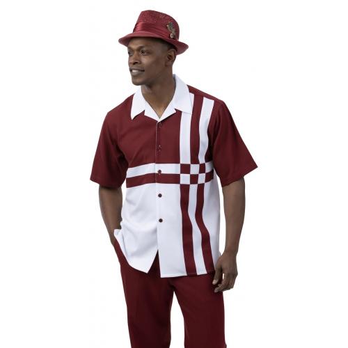 Montique Burgundy / White Sectional Design Short Sleeve Outfit 2078.