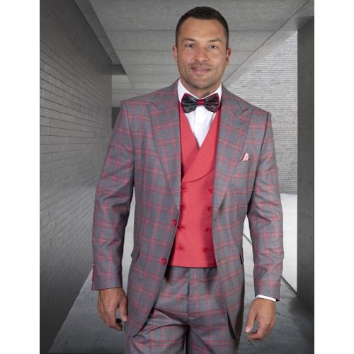 Statement "Veneto" Grey / Coral Plaid Super 150's Wool Vested Classic Fit Suit.