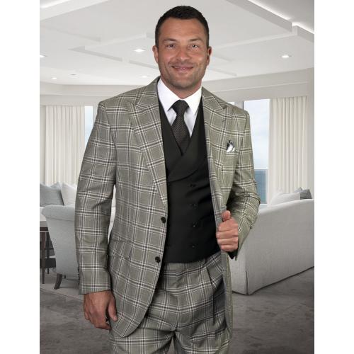 Statement "Rimini" Olive / White Plaid Super 150's Wool Vested Classic Fit Suit.