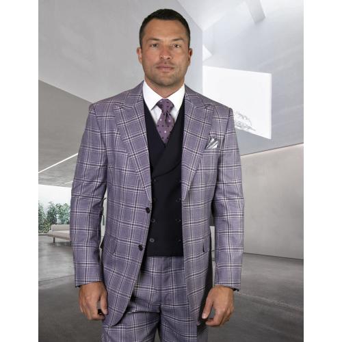 Statement "Rimini" Purple / Eggplant Plaid Super 150's Wool Vested Classic Fit Suit.