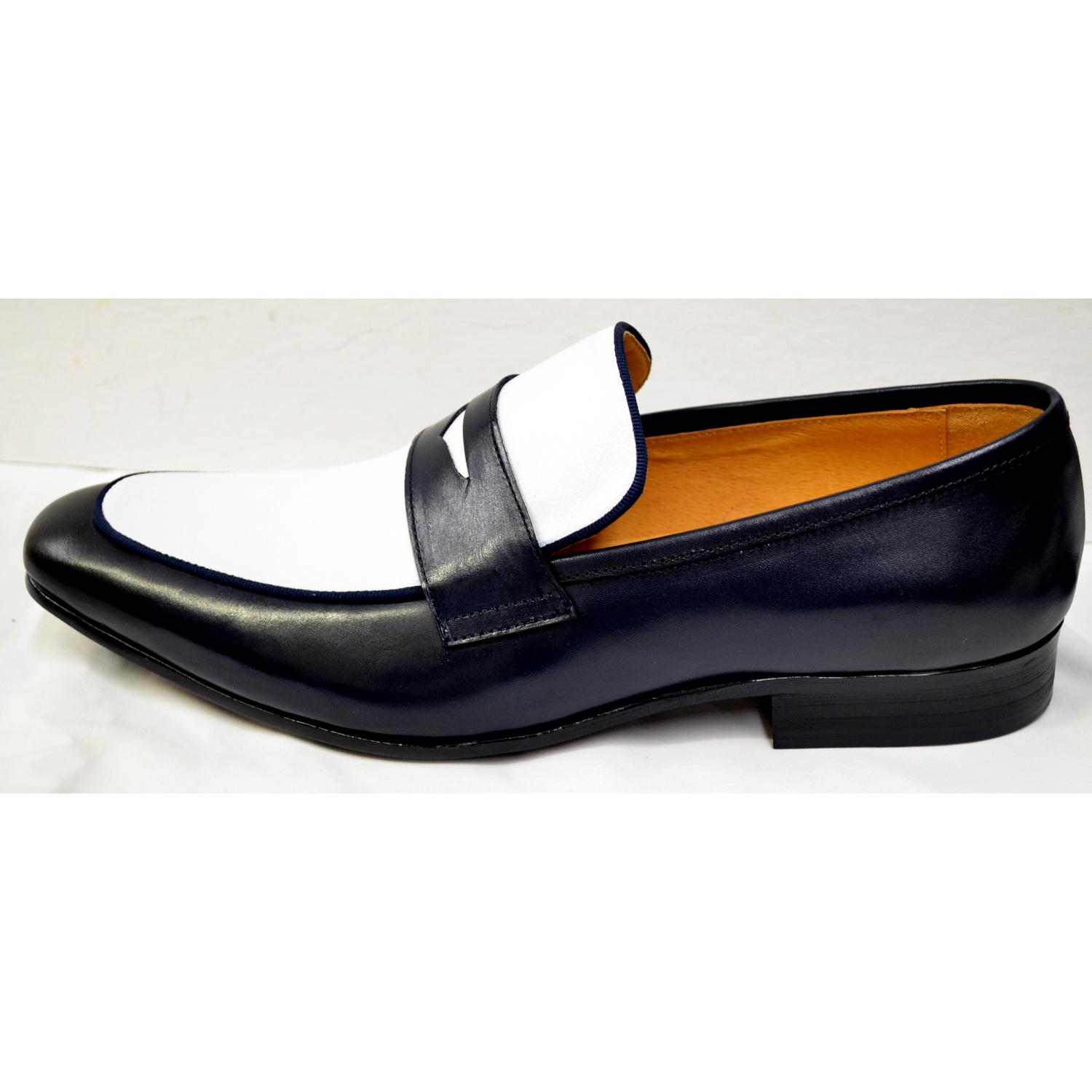 Carrucci Navy / White Genuine Leather Two Tone Penny Loafers KS2240-12T ...