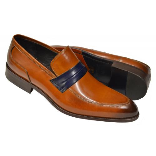 Carrucci Cognac / Navy Contrast Banded Genuine Leather Loafers KS479-601N