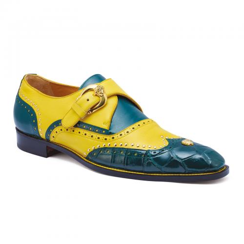 Mauri "Godfather" 3051 Forest Green / Yellow Genuine Body Alligator / Calf Studded Monk Strap Wingtip Shoes.