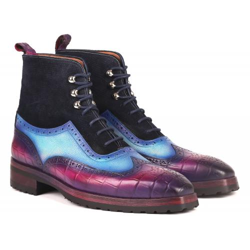 Paul Parkman "9736PTN" Purple / Light Blue / Navy Burnished Hand-Painted Calfskin Wingtip Rubber Soled Oxford Boots