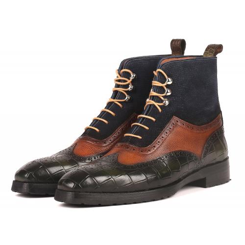 Paul Parkman "9735GBN" Olive / Brown / Navy Italian Calfskin Rubber Soled Oxford Wingtip Boots