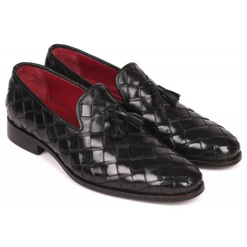 Paul Parkman ''6623-BLK'' Black Genuine Leather Braided Tassel Loafer Shoes