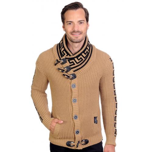 LCR Camel / Black Button-Up Modern Fit Wool Blend Shawl Collar Cardigan Sweater 6320