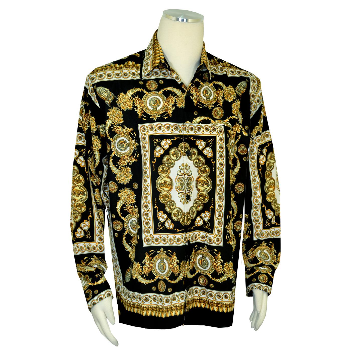 Pronti Black / Gold / White Greek Design Long Sleeve Shirt S6482 - $49. ...