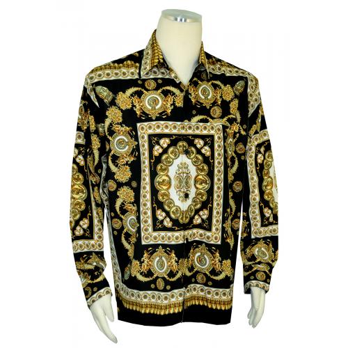 Pronti Black / Gold / White Greek Design Long Sleeve Shirt S6482