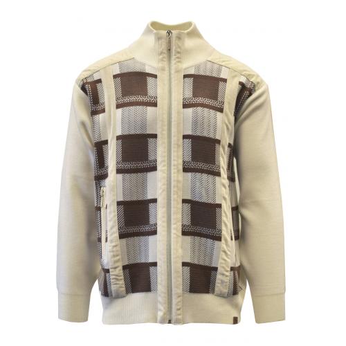 Silversilk Cream / Brown Microsuede Trimmed Woven Zip-Up Cardigan Sweater 9110