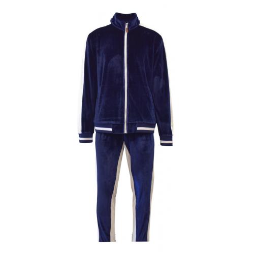 Stacy Adams Navy Blue / White Cotton Blend Modern Fit Velour Tracksuit Outfit 5912