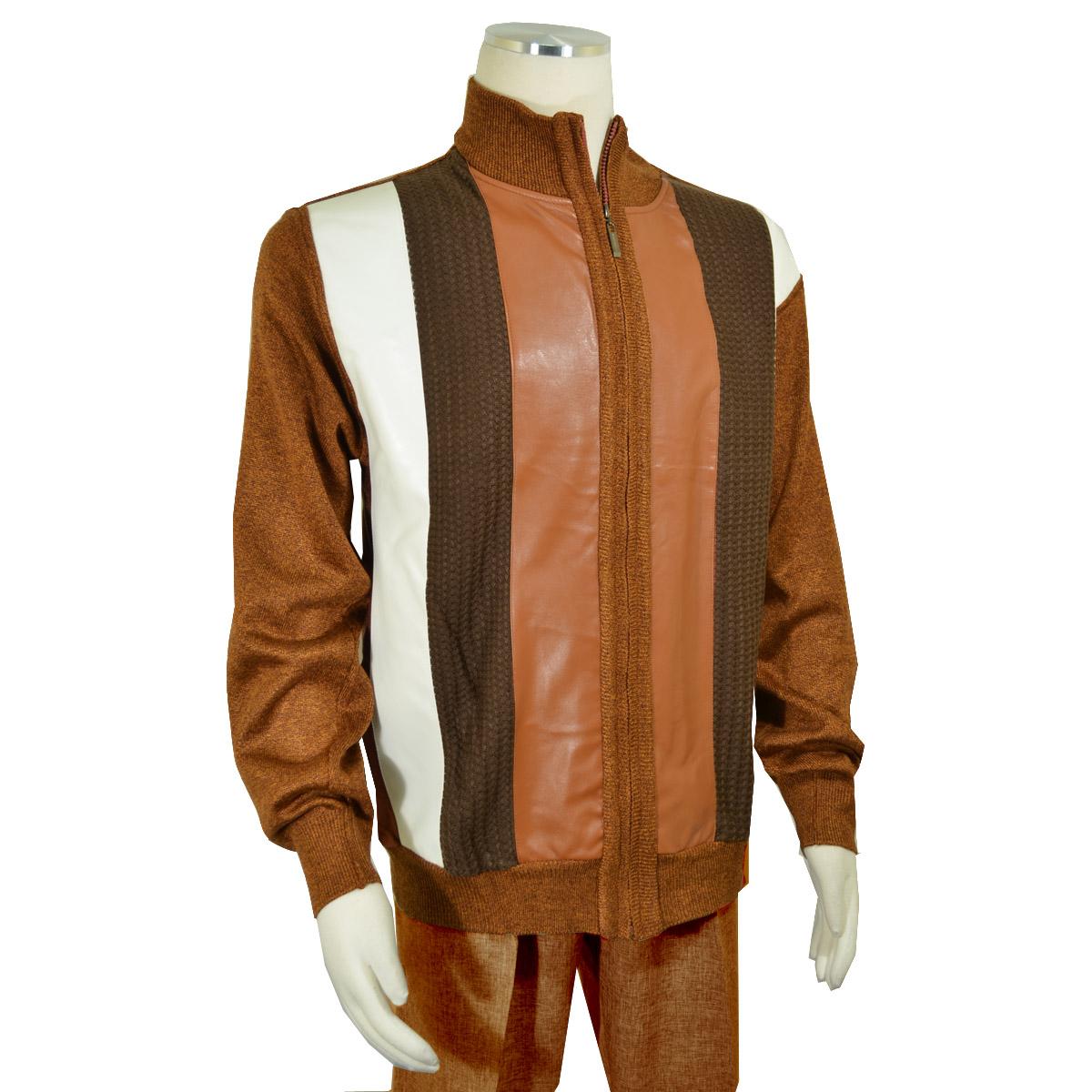 Bagazio Cognac / Brown / Ivory PU Leather Zip-Up Cardigan Sweater ...