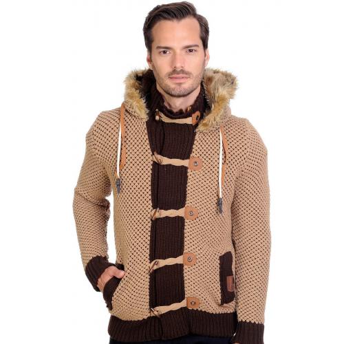 LCR Camel / Brown / Whisky Modern Fit Wool Blend Hooded Cardigan Sweater 6235