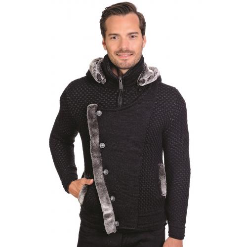 LCR Black / Grey Modern Fit Wool Blend Faux Fur Hooded Cardigan Sweater 6215