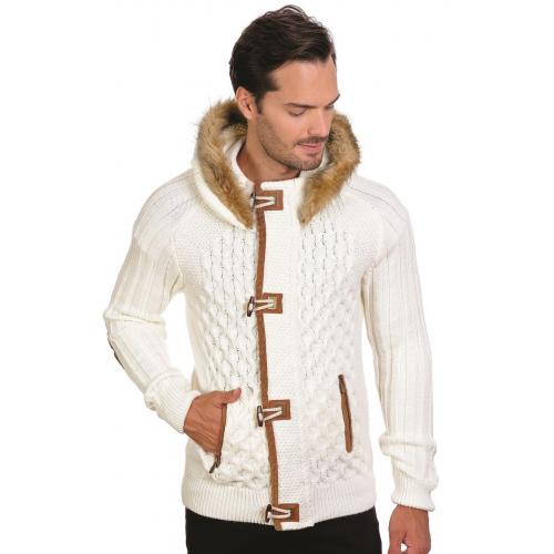 LCR Cream / Camel Modern Fit Faux Fur Hooded Wool Blend Cardigan Sweater 6205