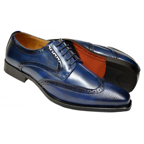 Antonio Cerrelli Navy Blue Lizard Print Vegan Leather Wingtip Oxford Shoes 6871
