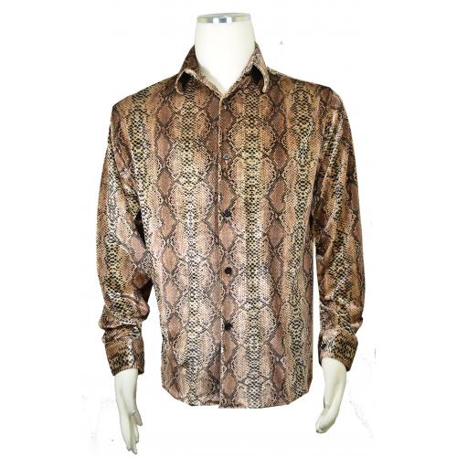 Pronti Brown / Black / Gold Metallic Lurex Python Print Long Sleeve Shirt S6452