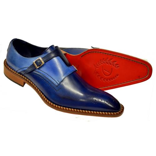 Duca 2030 Blue Combo / Navy Painted Calfskin Criss-Cross Double Monk Strap Shoes