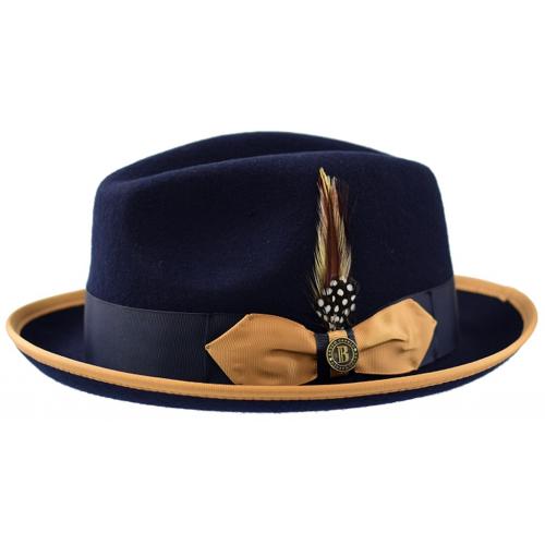 Bruno Capelo Navy Blue / Camel Trimmed Australian Wool Fedora Hat GT-973