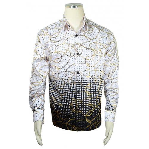 Pronti White / Black / Gold Metallic Multi-Pattern Long Sleeve Shirt S6510