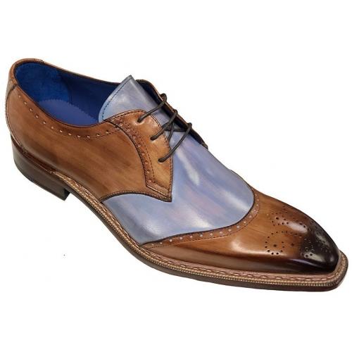 Emilio Franco "Dante" Cognac / Light Blue Burnished Calfskin Derby Shoes.