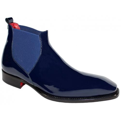 Emilio Franco "Leonardo" Navy Blue Patent Calfskin Leather Chelsea Ankle Boots.