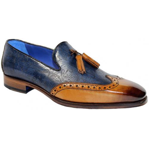 Emilio Franco "Silvio" Cognac / Navy Calfskin Paisley Textured Tasseled Loafers Shoes.