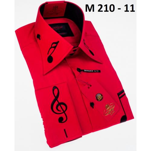 Axxess Red / Black Music Note Embroidered Cotton Modern Fit Dress Shirt With French Cuff M210-11.