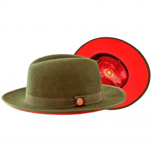 Bruno Capelo Olive Green / Red Bottom Australian Wool Fedora Dress Hat PR-307.