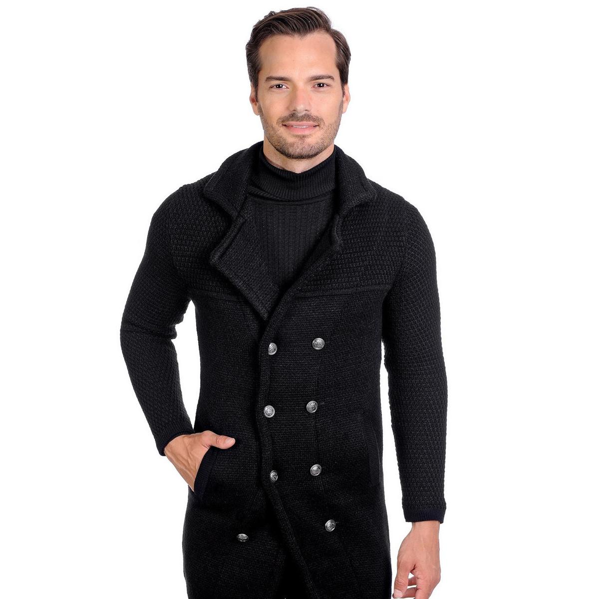 LCR Double Breasted Black Wool Blend Sweater for Men - 3/4 Length